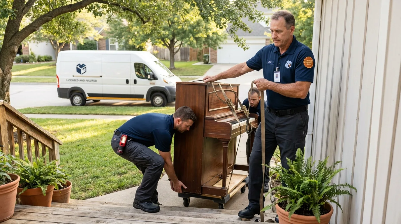 Licensed piano movers securing grand piano in Altoona, WI