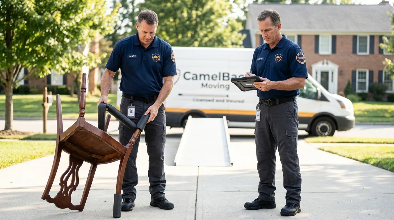 Movers inspecting furniture for damage prevention before loading in Altoona, WI