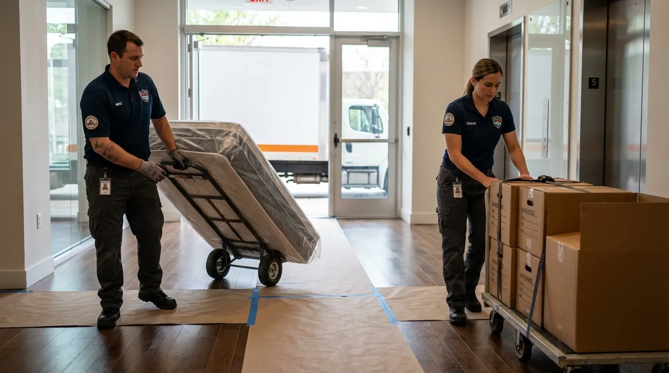 Professional apartment movers loading elevator in Altoona, WI
