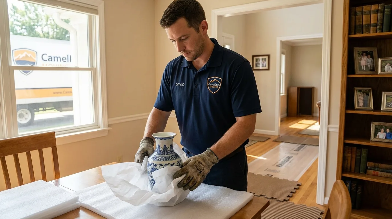 Professional crew carefully wrapping antique vase for senior downsizing move in Altoona, WI